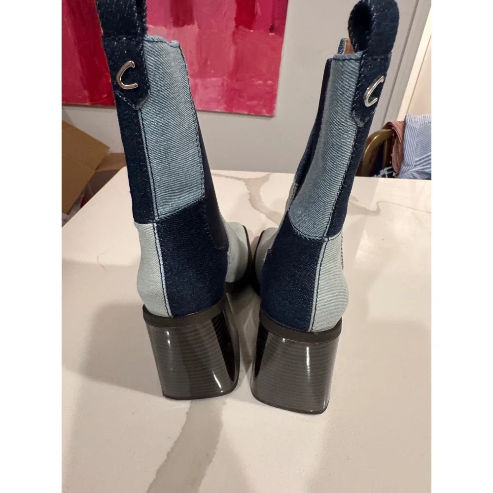 Circus by Sam Edelman Patchwork Denim Square Toe Block Heel Ankle Boots Blue 8